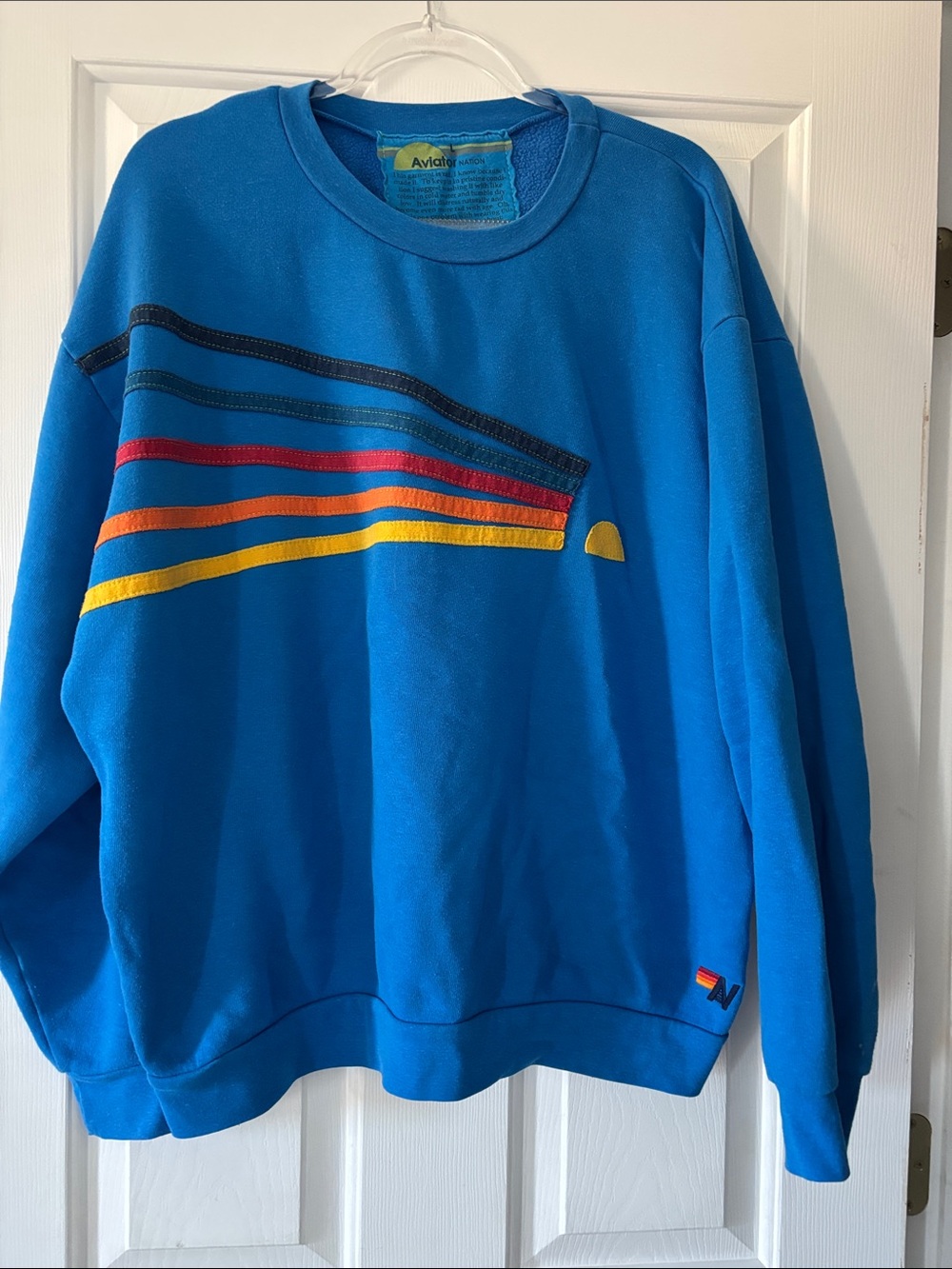 Aviator Nation Blue Crewneck Sweatshirt with Multicolor Stripe Accents - Unisex